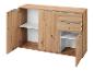 Holzsideboard mit offenen Türen, weißen Regalböden und Schubladen mit Metallgriffen.