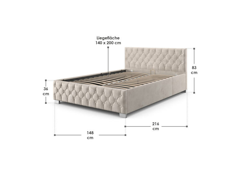 Ein beigefarbenes Bett mit einem gepolsterten Kopfteil und Lattenrost.