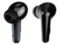 Zwei schwarze drahtlose Ohrhörer auf weißem Hintergrund.