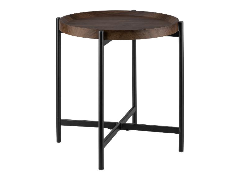 Runder Couchtisch aus dunklem Holz mit schwarzem Metallgestell.