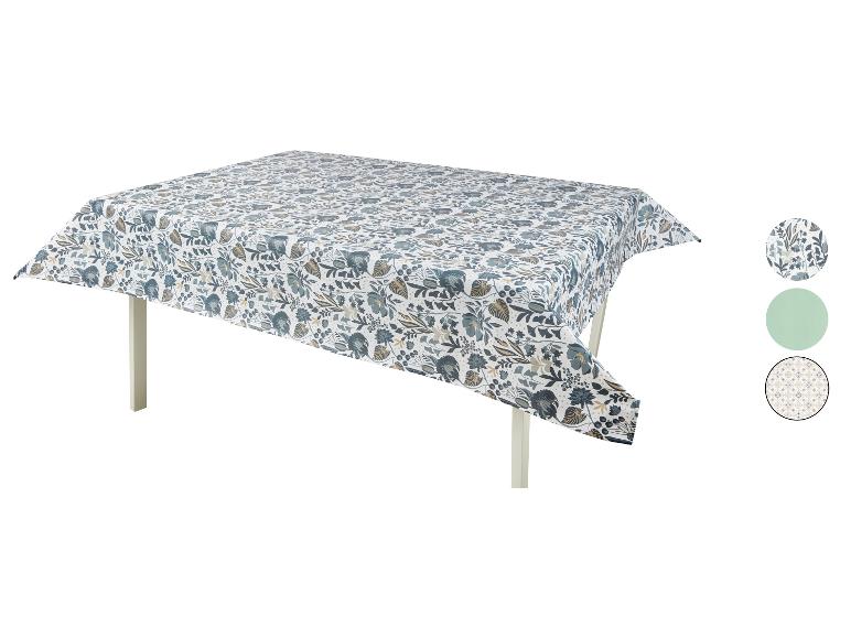 Rechteckige Tischdecken mit blau-grünem Blumenmuster.
