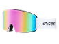 Skibrille mit irisierender Scheibe und weißem Band mit Logo.