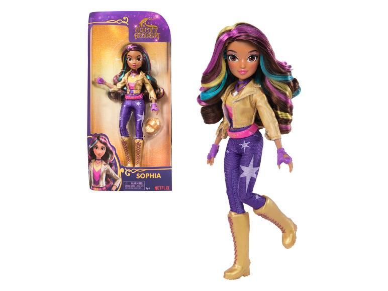 Unicorn Academy Sophia Puppe in Verpackung und einzeln, mit bunten Haaren und goldenem Outfit.