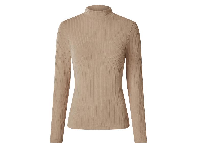 Beiges, geripptes Damen-Langarmshirt mit Stehkragen.