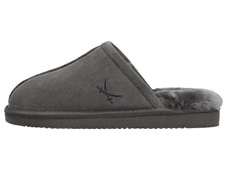 Graue Wildleder-Hausschuhe mit Fellfutter und gesticktem Logo