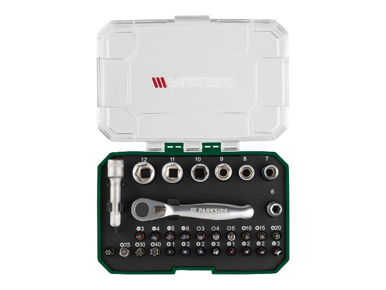 Parkside Steckschlüsselsatz mit Ratsche in transparenter Box.