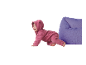 Baby in einem rosa Kapuzenoverall krabbelt neben einem lila Sitzsack.