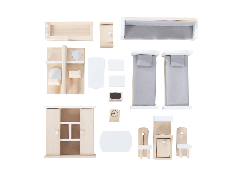 Holzspielzeugmöbel für Puppenhäuser.