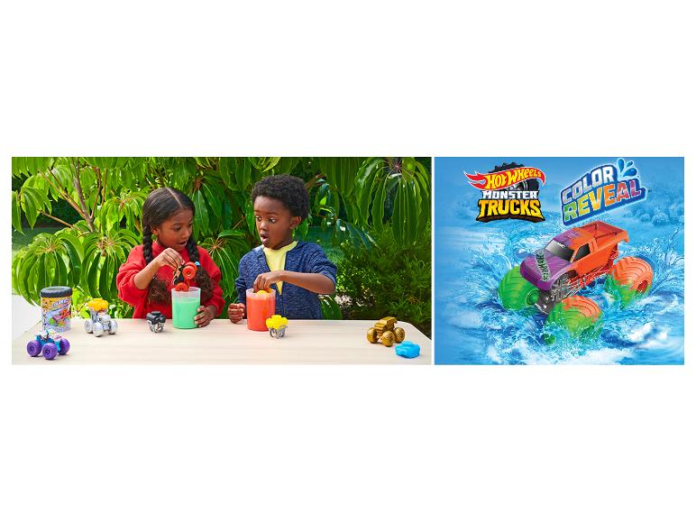 Zwei Kinder spielen mit farbwechselnden Monstertrucks und eine Grafik eines Monstertrucks im Wasser.