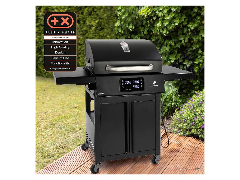 Schwarzer LANDMANN Grill mit Digitalanzeige und Seitenablagen, ausgezeichnet für Innovation und Design.