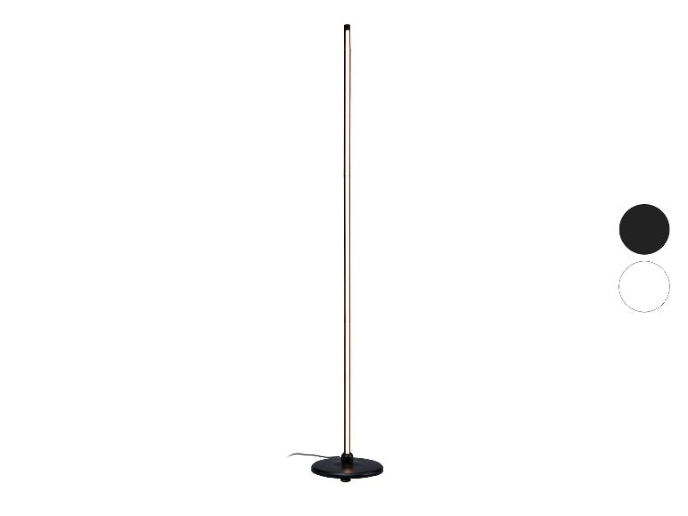 Schwarze LED-Stehlampe mit rundem Sockel und zwei Farboptionen.
