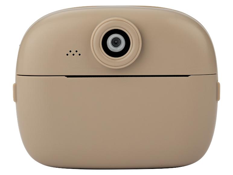 Beige Sofortbildkamera mit Objektiv und Lautsprecheröffnungen