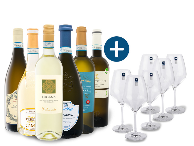 Gehe zu Vollbildansicht: 6 x 0,75-l-Flasche Weinpaket Lugana entdecken mit 6er Weißwein-Gläserset Leonardo - Bild 1