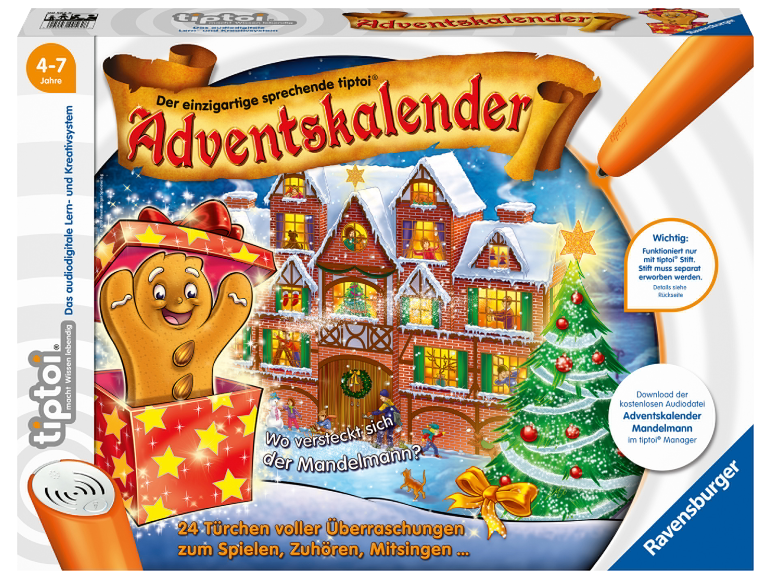 Weihnachtlicher Adventskalender mit einem Haus, einem Weihnachtsbaum und einem Lebkuchenmann.