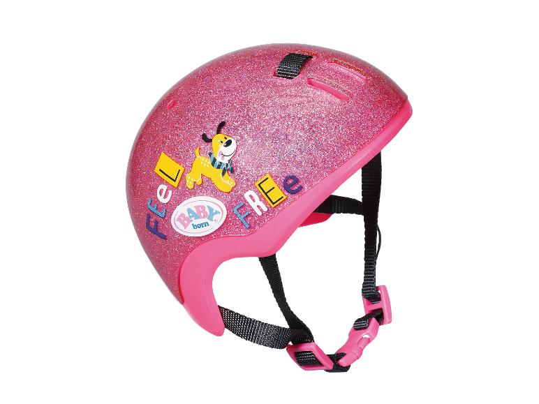 Rosa Glitzer BABY born Fahrradhelm mit „FEEL FREE“ Schriftzug und Hundemotiv.