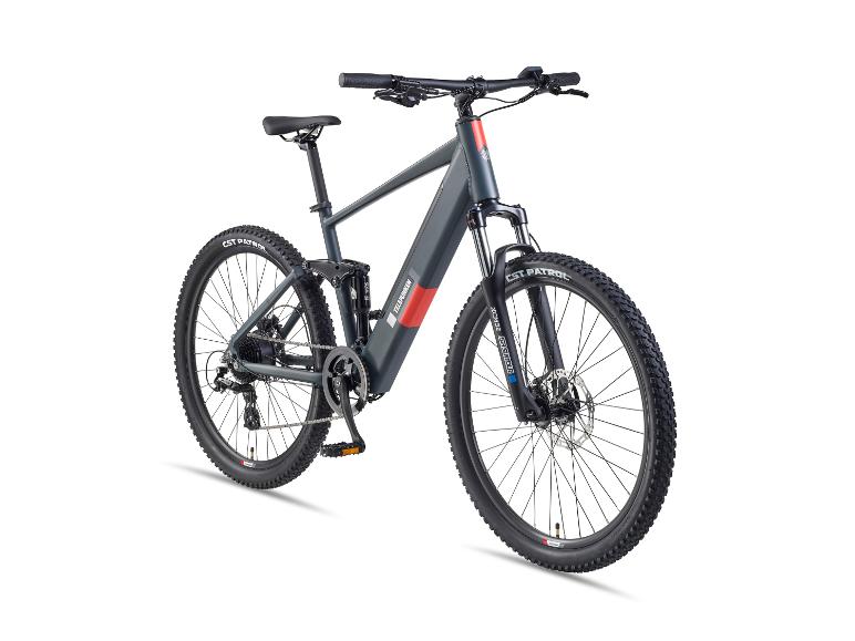 Graues vollgefedertes E-Mountainbike mit roten Akzenten.