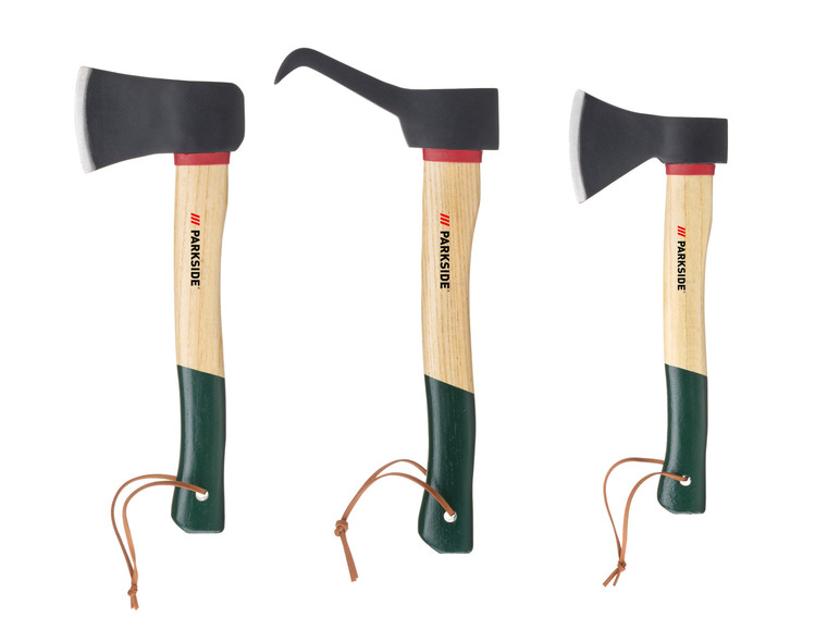 Drei Parkside Äxte mit unterschiedlichen Kopfformen.