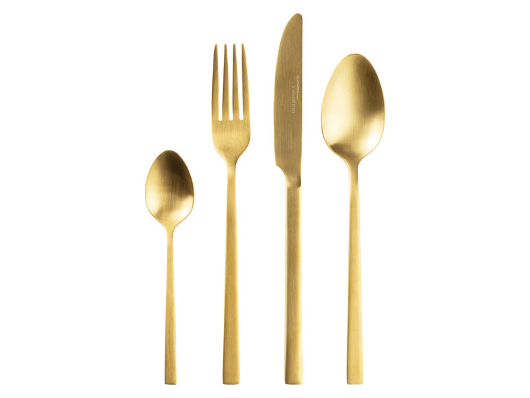 Eine goldene Gabel, Messer und Löffel von Livarno Home.