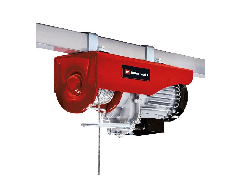 Roter Elektroseilzug mit Stahlseil, montiert an einem Metallträger.