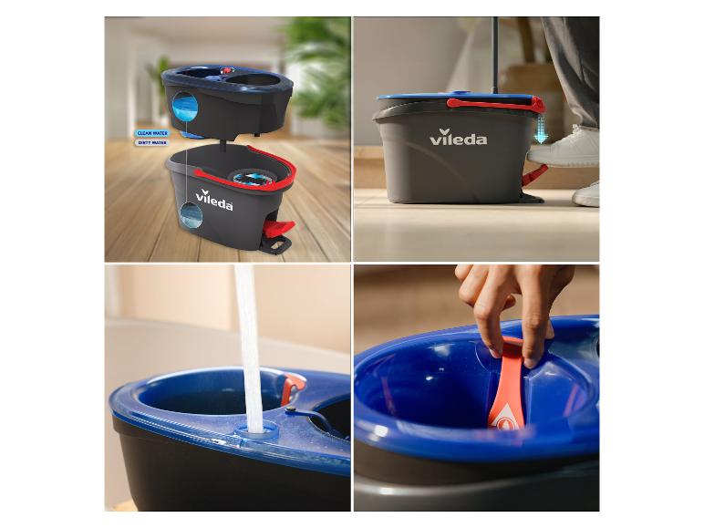 Vileda Wischmopp-Eimersystem mit separaten Frisch- und Schmutzwasserfächern und Fußpedal.