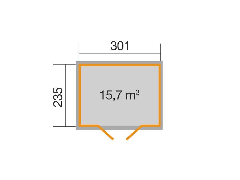 Schuppenmaße: 301x235 cm, Volumen 15,7 m³