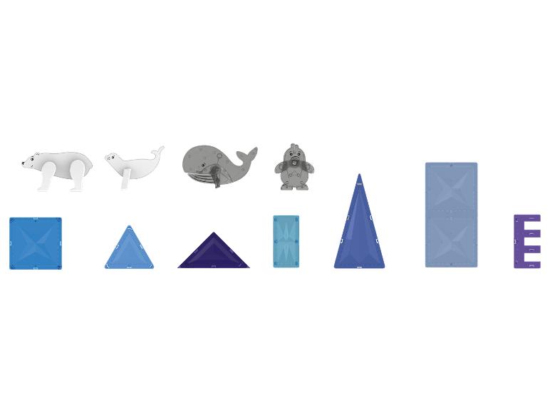 Magnetische Bausteine und Tierfiguren, darunter ein Eisbär, eine Robbe, ein Wal und ein Pinguin.