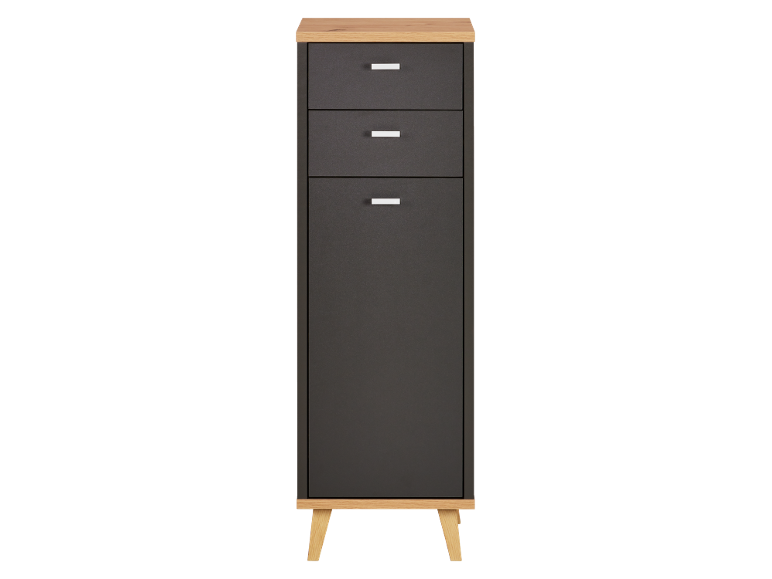 Moderne Kommode mit drei Fächern, dunkelgraue Oberfläche, Holzplatte und Beine