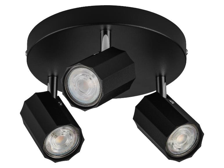 Schwarze Deckenleuchte mit drei verstellbaren LED-Spots.