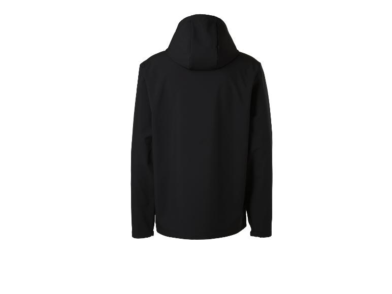Schwarze Herren-Softshelljacke mit Kapuze, Rückansicht.