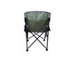 Ein grüner und blauer Klappstuhl mit schwarzen Beinen.