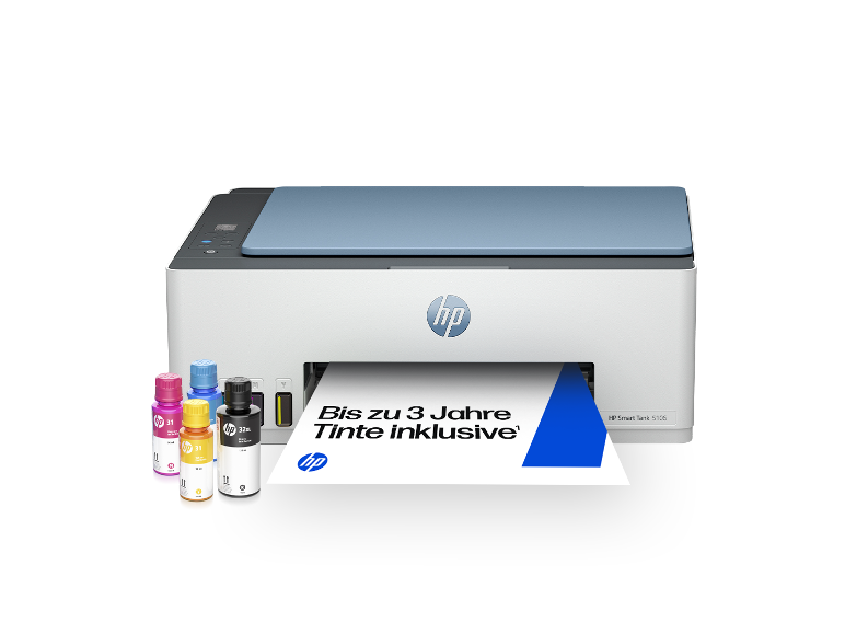 HP Smart Tank 5106 Drucker mit Tintenflaschen und gedrucktem Text „Bis zu 3 Jahre Tinte inklusive“.