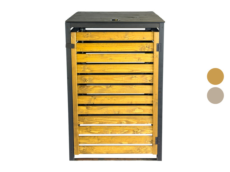 Ein Holz-Abfalleimer mit schwarzem Rahmen.