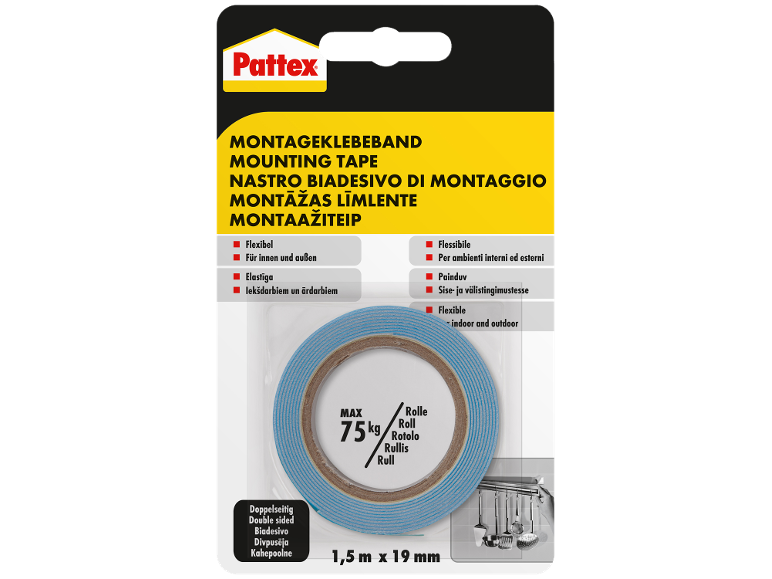 Doppelseitiges Montageklebeband, flexibel für innen und außen, 1,5m x 19mm, hält 75kg.