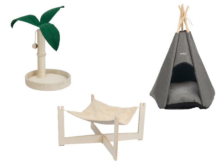 Katzenkratzbaum mit Palmblättern, Katzenhängematte und Katzen-Tipi