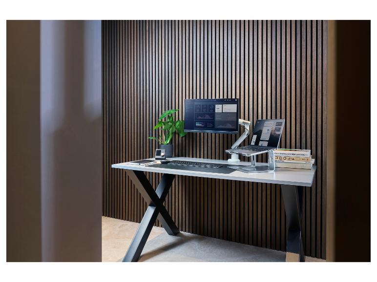 Schreibtisch mit Computer, Laptop, Pflanze und Büchern vor einer Holzwand.