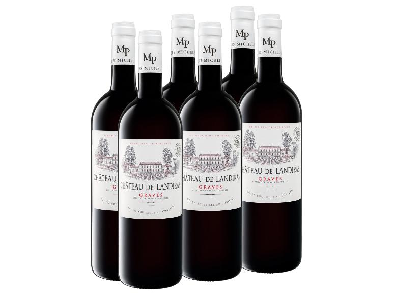 Sechs Flaschen Graves Rotwein mit Schloss-Etiketten und dem Text „Grand Vin de Bordeaux“.