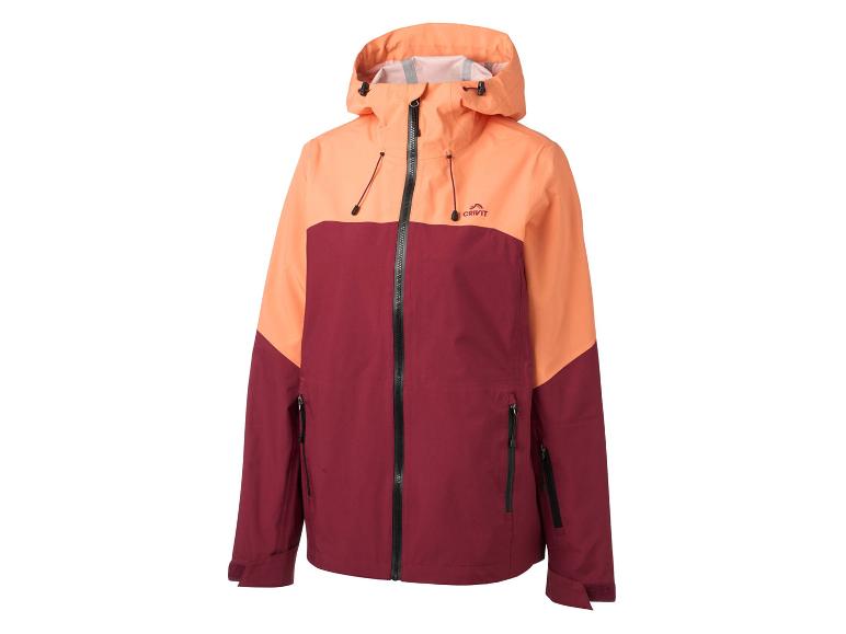 Zweifarbige Sportjacke in Orange und Bordeaux mit Kapuze und schwarzem Reißverschluss.