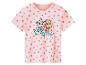 Rosa Kinder-T-Shirt mit kurzen Ärmeln, bedruckt mit rosa Herzen und zwei Welpen.