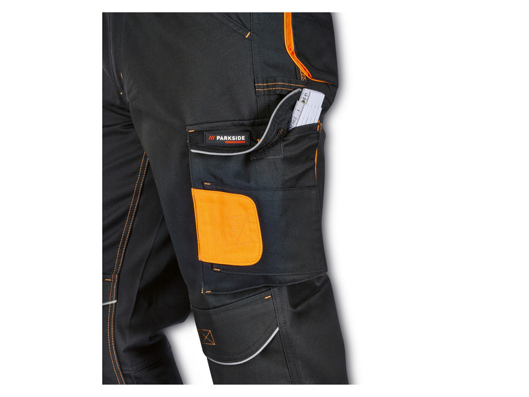 Schwarze Arbeitshose mit orangefarbenen Details und Parkside-Logo.