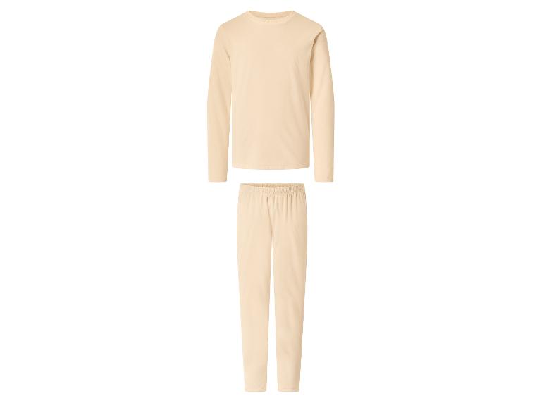 Beiger Kinderpyjama, bestehend aus einem Langarmshirt und einer Hose.