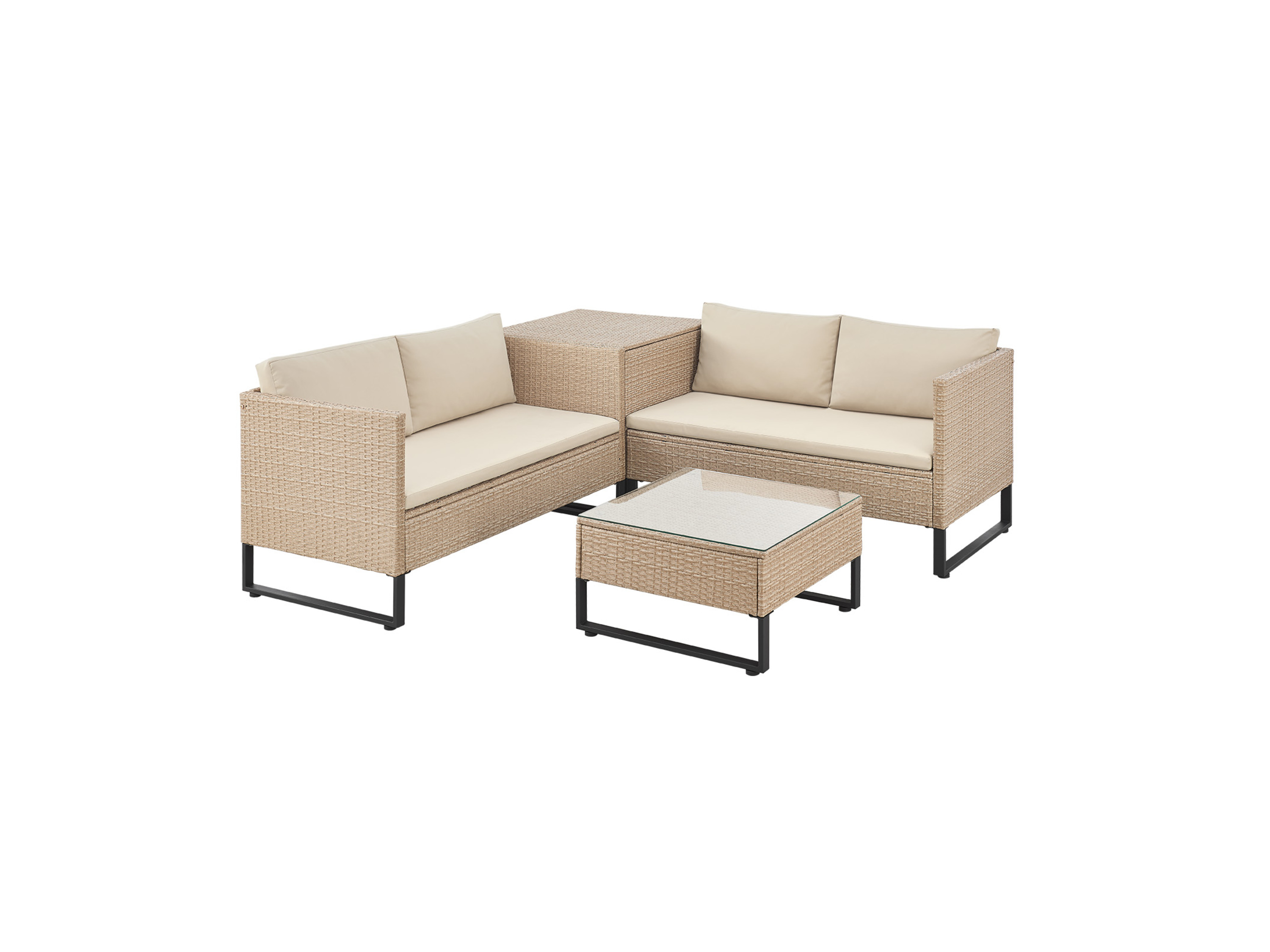 Juskys Polyrattan Lounge Santorini (creme/sand)““ | wetterfest und langlebig. Inklusive bequemer Sitzpolster und Kissen aus beständigem Polyester. Zudem sorgt die weiche Füllung für höchsten Komfort über viele Stunden hinweg. Die Kissenbox passt sich nahtlos in die Sitzkombination ein und bietet viel Stauraum. Zeitgleich kann sie als praktischer Beistelltisch verwendet werden. Produktmerkmale tabletd Serie: Santorini Set: 4-teilig Funktion: robust, widerstandsfähig