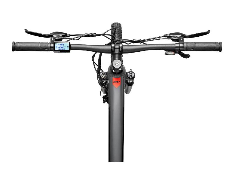 Mountainbike-Lenker mit Display und Schalthebeln, Draufsicht.