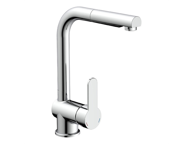 Eine Chrom-Küchenarmatur mit hohem Auslauf.