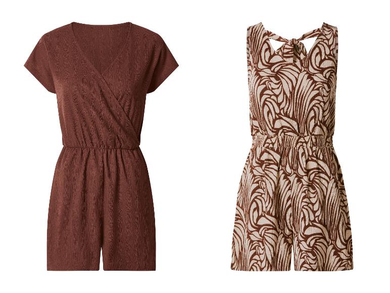 Zwei Damen-Jumpsuits: ein brauner Kurzarm-Jumpsuit und ein beiger mit braunem Muster.