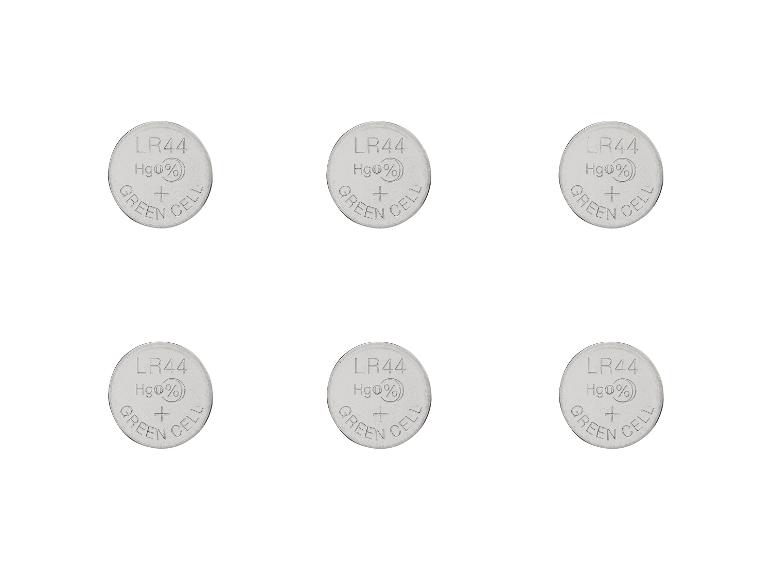 Sechs runde LR44 Batterien mit der Aufschrift 'Green Cell'.
