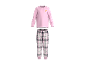 Rosa Langarm-Pyjamaoberteil mit Croissant-Grafik und karierte Pyjamahose
