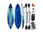 Blaues aufblasbares Paddleboard mit Paddeln, Pumpe, Finne, Tasche und Sitzen.
