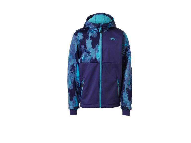Jungen-Softshelljacke mit Kapuze in Blau- und Violetttönen, mit Reißverschluss und Taschen.