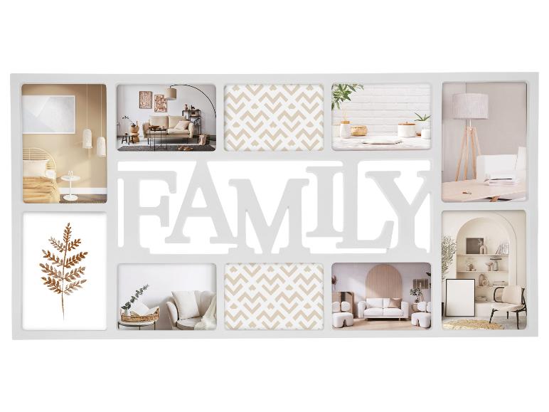 Weißer Fotorahmen mit mehreren Öffnungen, der „FAMILY“ buchstabiert, mit verschiedenen Bildern von Wohnaccessoires.