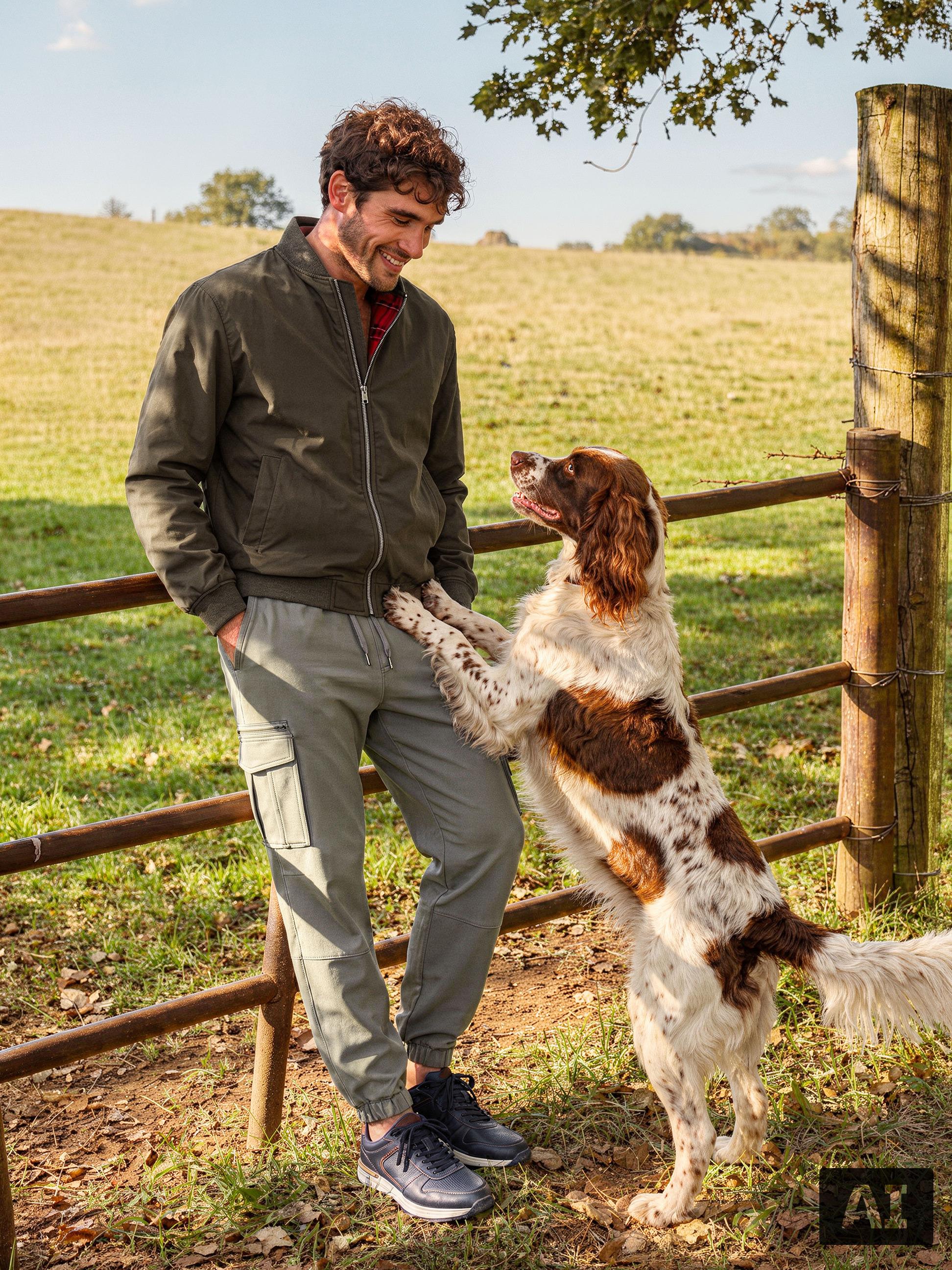 Mann in olivgrüner Jacke und grauer Hose spielt mit Hund auf dem Land.